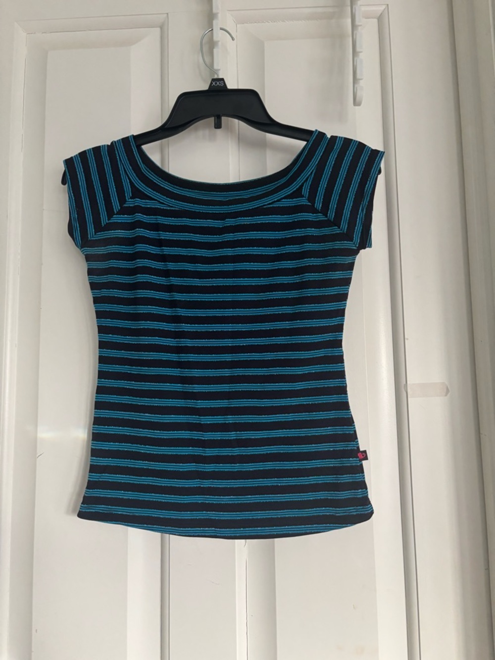 Women’s Striped Boatneck Tee in Black and Teal small